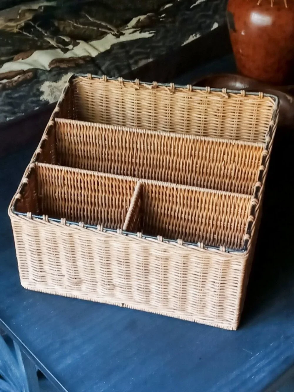 Vintage Rattan Wicker Metal 4-Compartment Desk Mail Organizer Caddy Multi-use